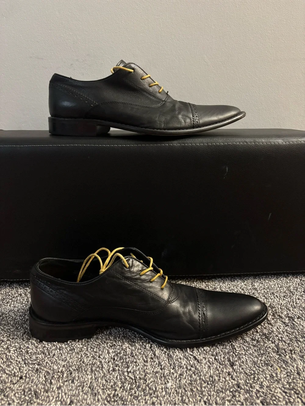 Kenneth Cole Black Leather Oxfords with Yellow Laces